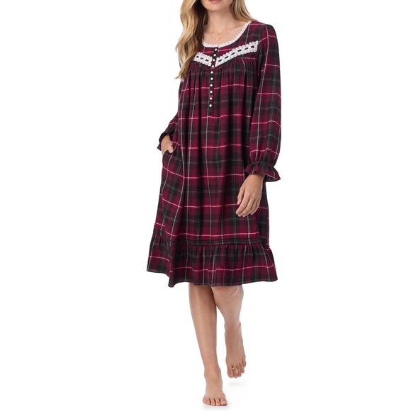 Eileen West Other - NWT Eileen West Nightgown Womens L Red Black Plaid Lace Trim Cotton Blend NWT L
